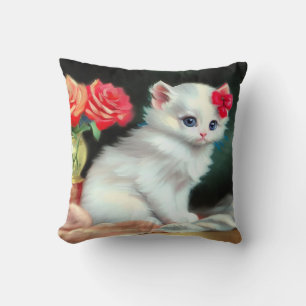 Vintage White Kitten Illustration med Red Flowers Kudde