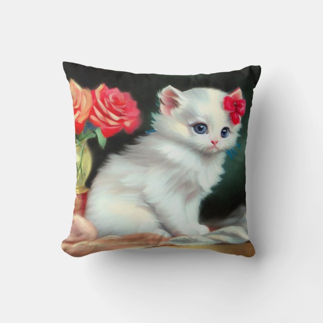 Vintage White Kitten Illustration med Red Flowers Kudde (Framsida)