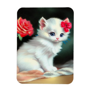 Vintage White Kitten Illustration med Red Flowers Magnet