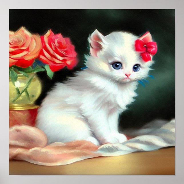 Vintage White Kitten Illustration med Red Flowers Poster (Framsidan)