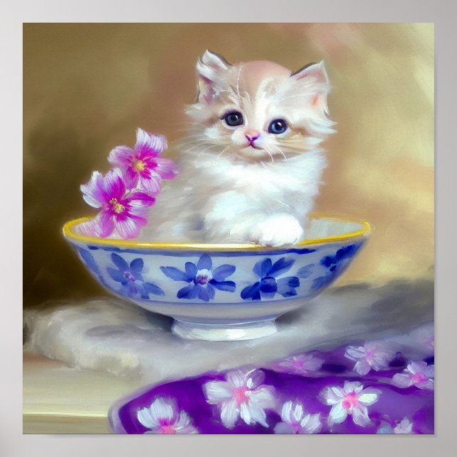 Vintage White Kitten Illustration Poster (Framsidan)