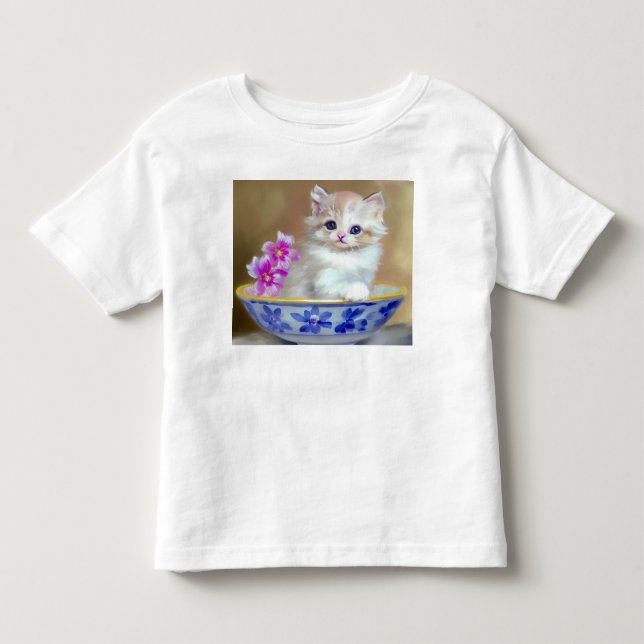 Vintage White Kitten Illustration T Shirt (Framsida)
