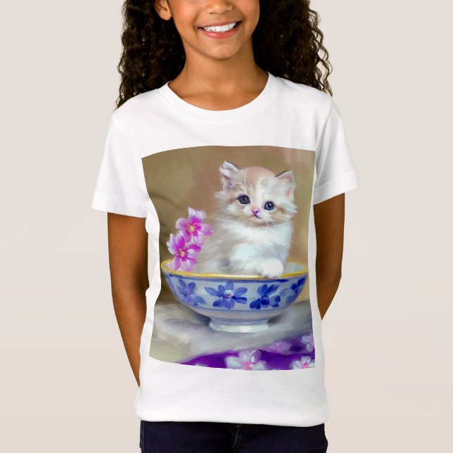 Vintage White Kitten Illustration T Shirt (Framsida)