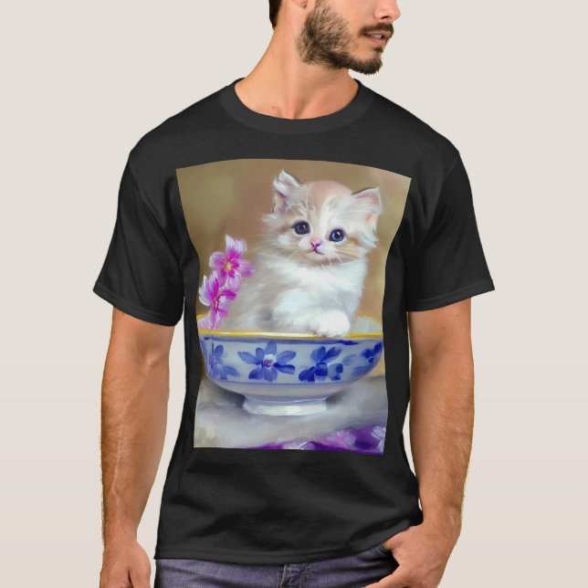 Vintage White Kitten Illustration T Shirt (Framsida)