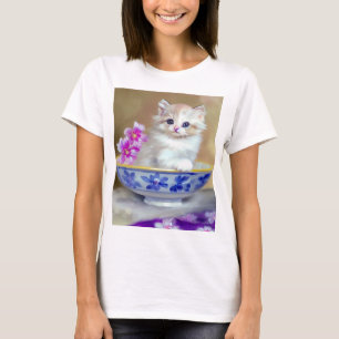 Vintage White Kitten Illustration T Shirt