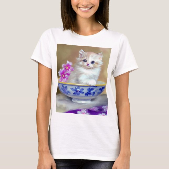 Vintage White Kitten Illustration T Shirt (Framsida)