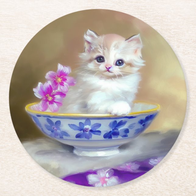 Vintage White Kitten Illustration Underlägg Papper Rund (Framsidan)