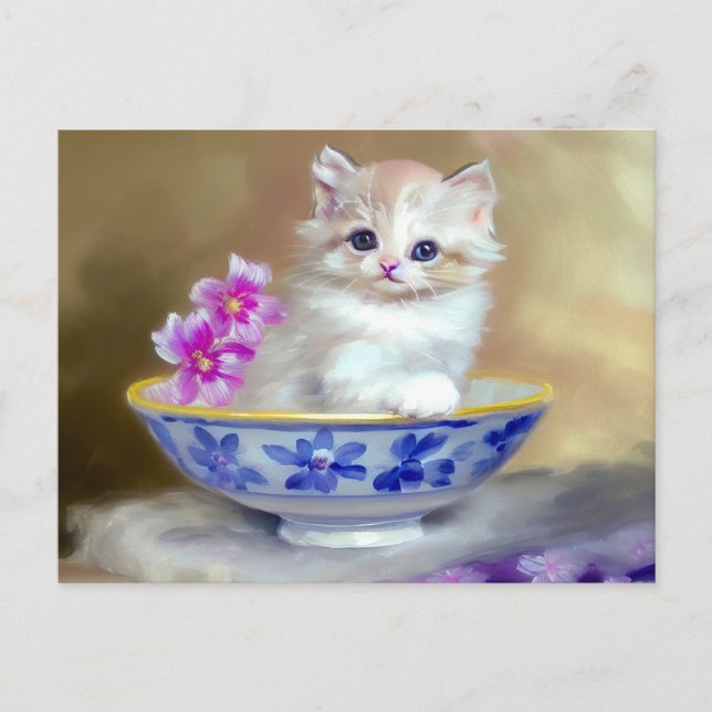 Vintage White Kitten Illustration Vykort (Framsida)