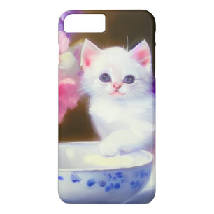 Vintage White Kitten med Lila Ribbon