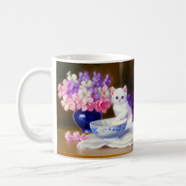 Vintage White Kitten med Lila Ribbon Kaffemugg (Vänster)