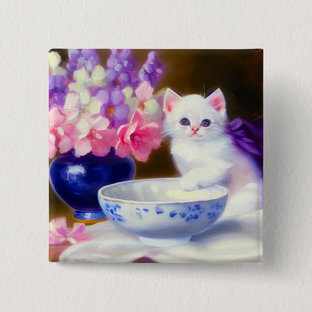 Vintage White Kitten med Lila Ribbon Knapp (Framsida)