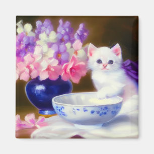 Vintage White Kitten med Lila Ribbon Magnet