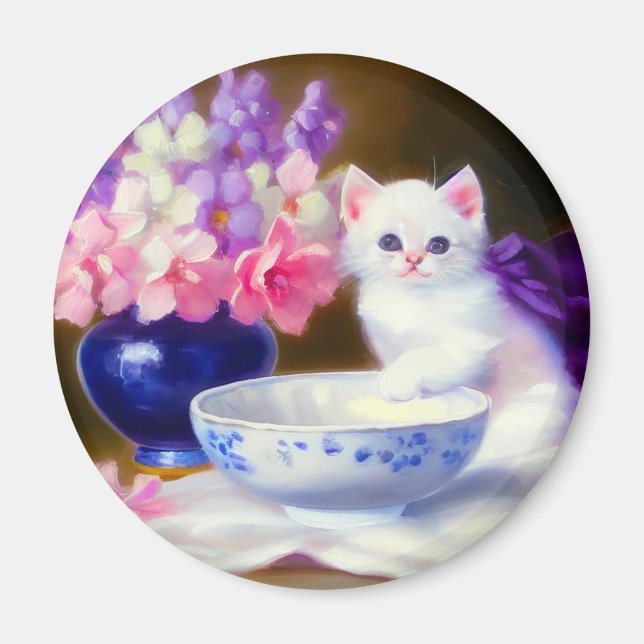 Vintage White Kitten med Lila Ribbon Magnet (Framsidan)