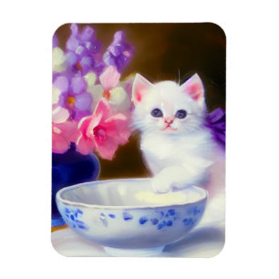 Vintage White Kitten med Lila Ribbon Magnet