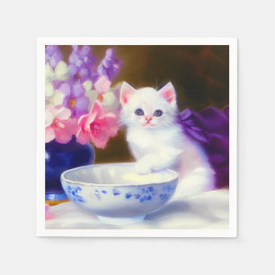 Vintage White Kitten med Lila Ribbon Pappersservett
