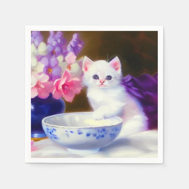 Vintage White Kitten med Lila Ribbon Pappersservett (Framsidan)