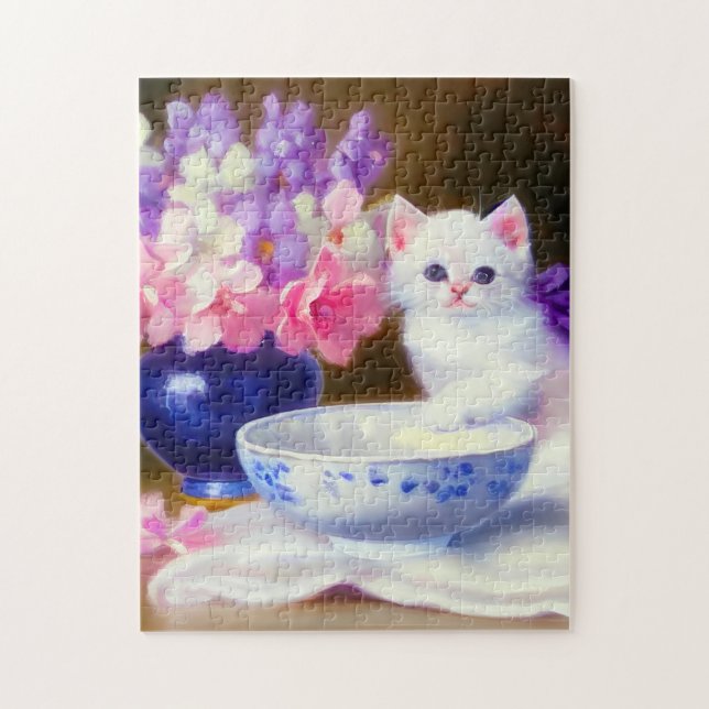 Vintage White Kitten med Lila Ribbon Pussel (Vertikal)