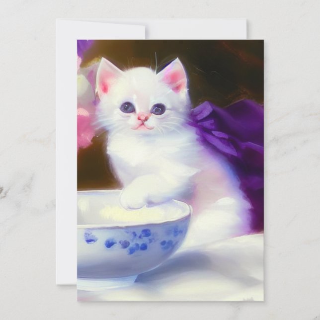 Vintage White Kitten med Lila Ribbon Spara Datumet (Framsida)