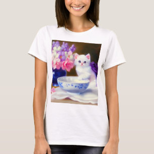 Vintage White Kitten med Lila Ribbon T Shirt