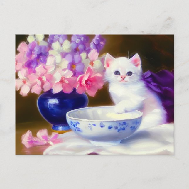 Vintage White Kitten med Lila Ribbon Vykort (Framsida)