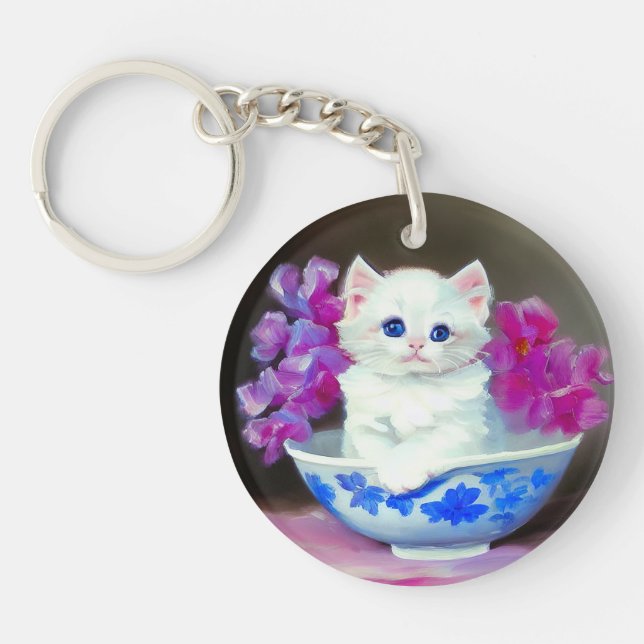 Vintage White Kitten med Rosa Flowers (Framsidan)