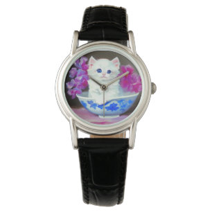 Vintage White Kitten med Rosa Flowers Armbandsur