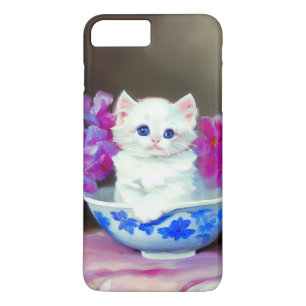 Vintage White Kitten med Rosa Flowers