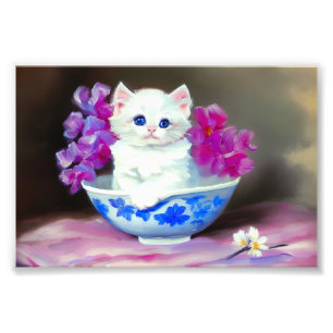 Vintage White Kitten med Rosa Flowers Fototryck