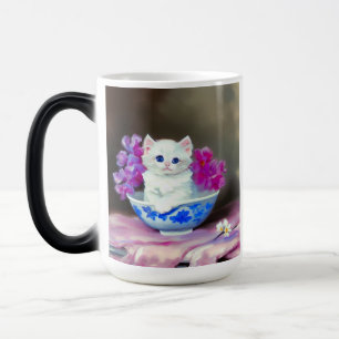 Vintage White Kitten med Rosa Flowers Magisk Mugg