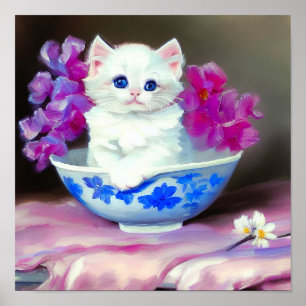 Vintage White Kitten med Rosa Flowers Poster