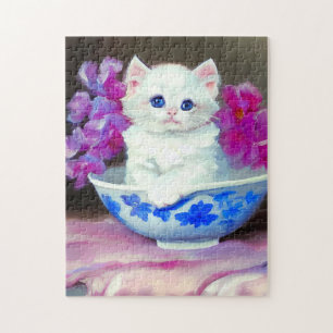 Vintage White Kitten med Rosa Flowers Pussel