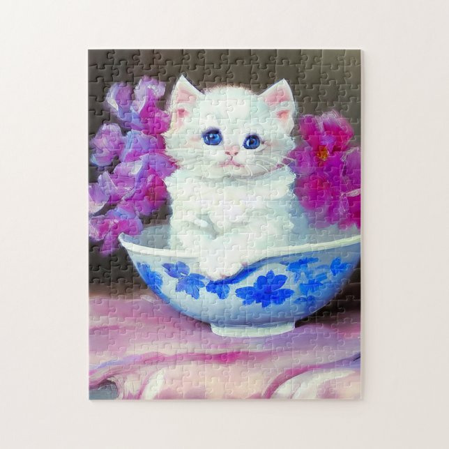 Vintage White Kitten med Rosa Flowers Pussel (Vertikal)