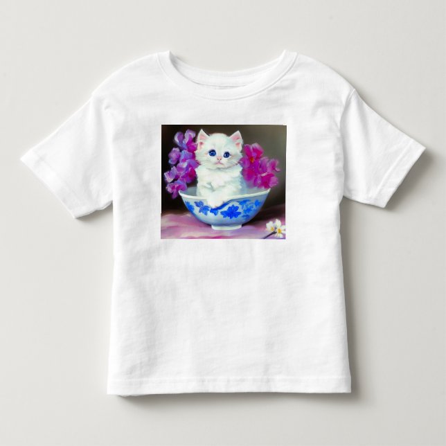 Vintage White Kitten med Rosa Flowers T Shirt (Framsida)