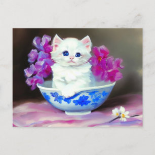 Vintage White Kitten med Rosa Flowers Vykort