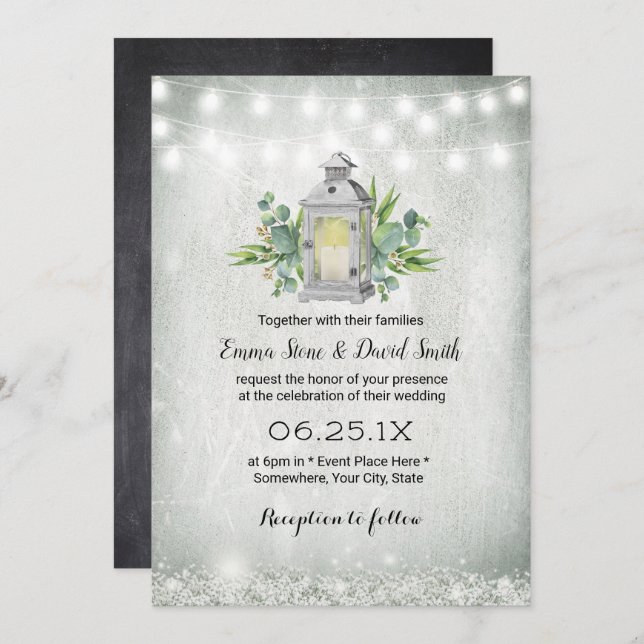 Vintage White Lantern Rustic String Ljus Bröllop Inbjudningar (Fram/baksida)