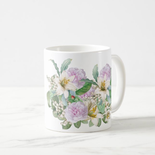 Vintage White Lily Rosa ros Bouquet Kaffemugg (Framsida höger)