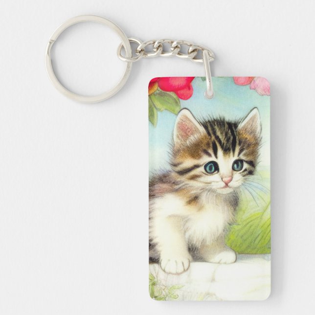 Vintage White och Brown Kitten med blommor (Framsidan)