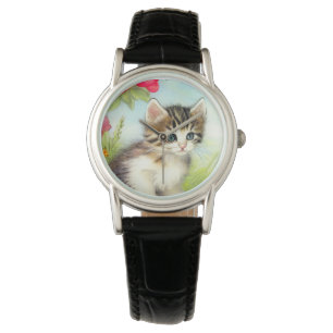 Vintage White och Brown Kitten med blommor Armbandsur