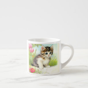 Vintage White och Brown Kitten med blommor Espressomugg