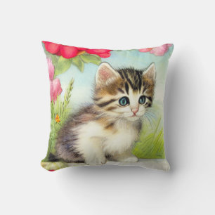 Vintage White och Brown Kitten med blommor Kudde