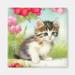 Vintage White och Brown Kitten med blommor Magnet
