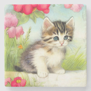 Vintage White och Brown Kitten med blommor Stenunderlägg