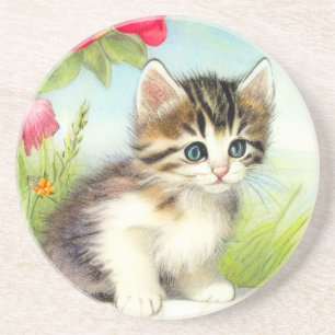Vintage White och Brown Kitten med blommor Underlägg