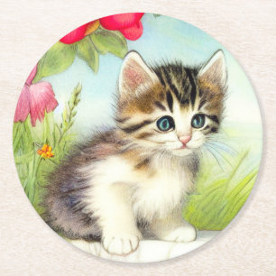 Vintage White och Brown Kitten med blommor Underlägg Papper Rund