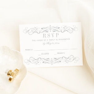 Vintage White och Silver Grått Flourish Bröllop OSA Kort