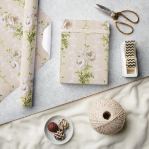 Vintage White Poppy Blommigt Bröllop Wrapping Papp Presentpapper