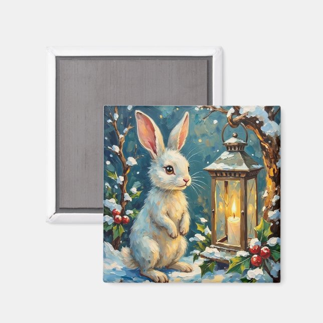Vintage White Rabbit med jullykta Magnet (Front/Back)