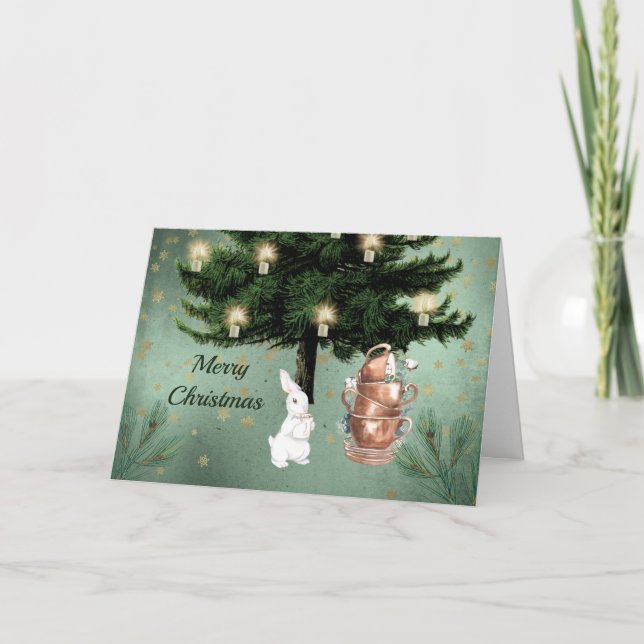 Vintage White Rabbit Tea Party jul Helgkort (Framsida)