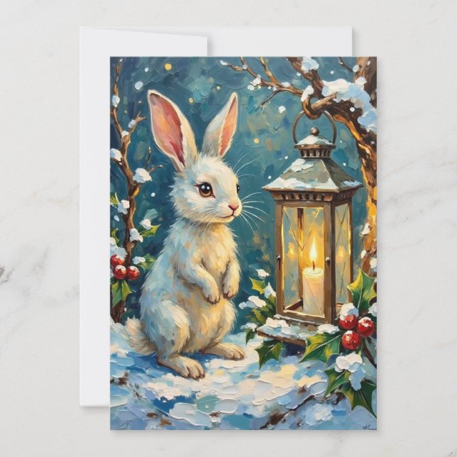 Vintage White Rabbit with Christmas Lantern Julkort (Framsida)