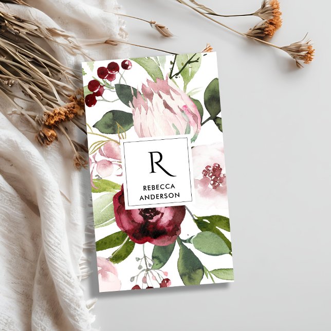 VINTAGE WHITE  ROSA BURGUNDY PROTEA BLOMMIGT VISITKORT (Skapare uppladdad)